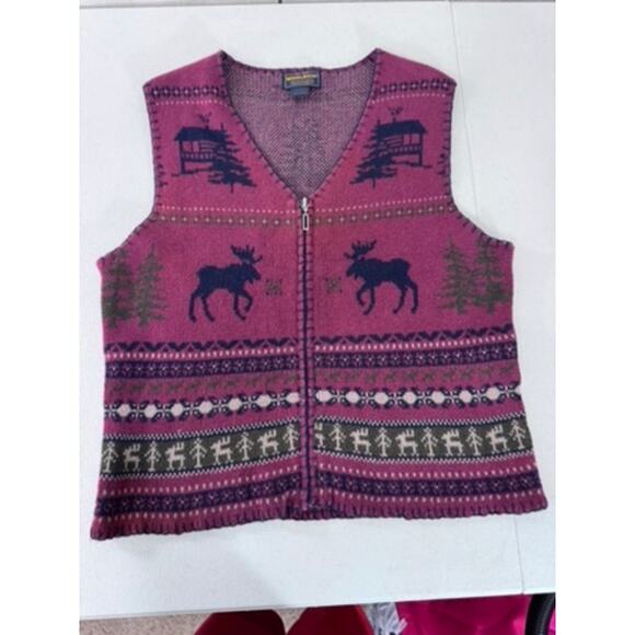 "Woolrich" Vintage Claret Rustic Moose Sweater Vest Moose Woodland Forest Preppy - Picture 8 of 9